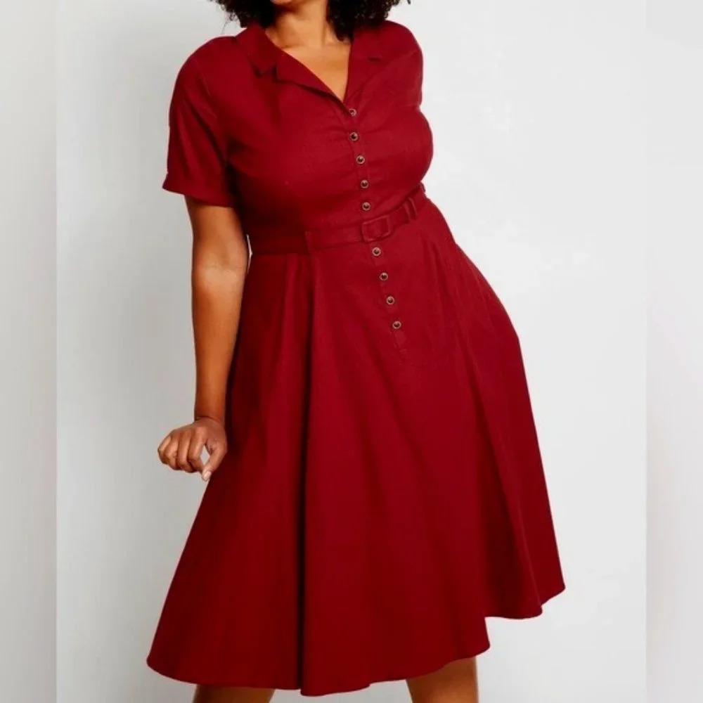 Modcloth Wine Red Button-Front Fit-and-Flare Dress
